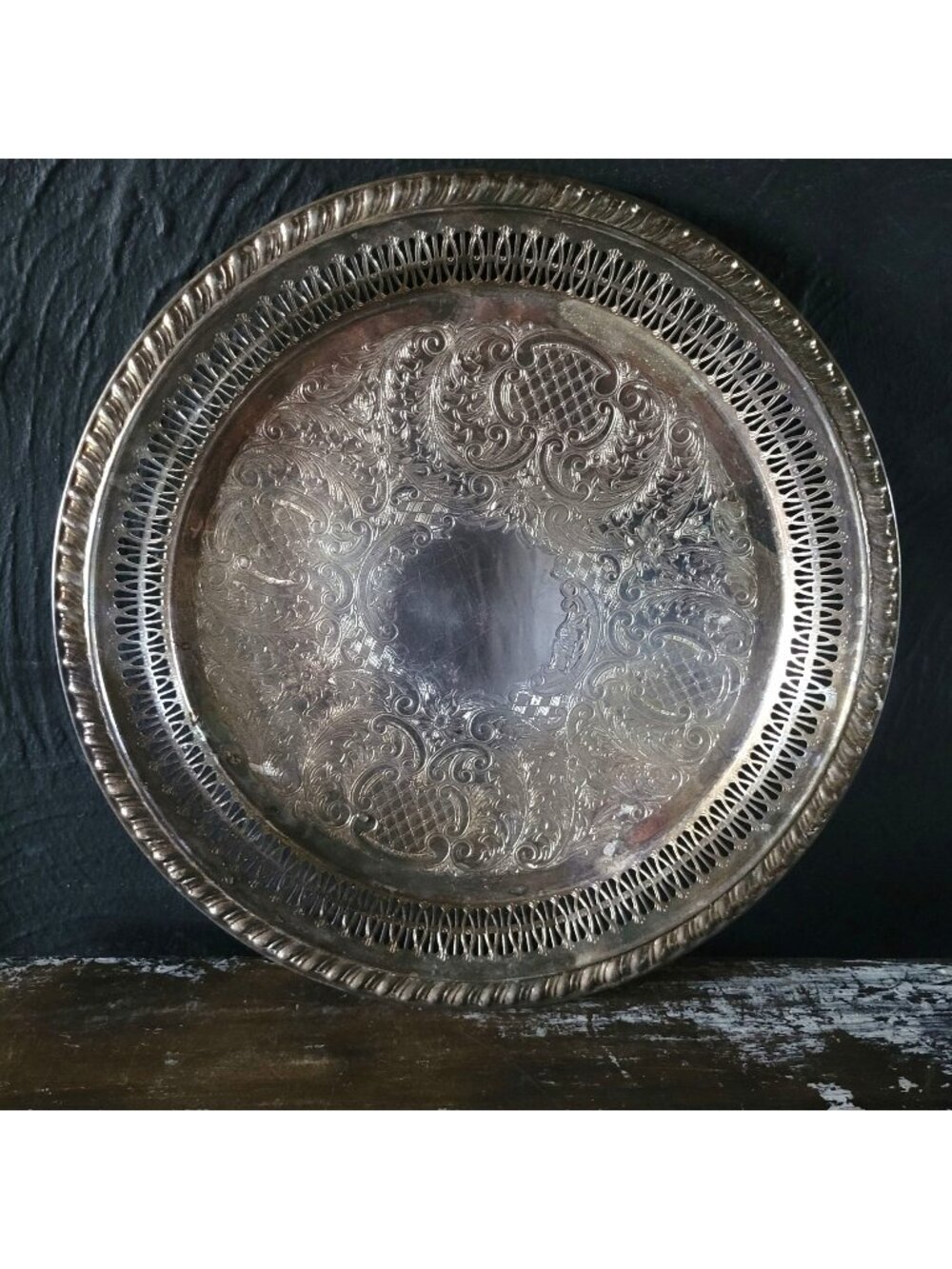 Vtg Leonard Silverplate Round Serving Tray Reticulated Rim and Scrollwork 12.375